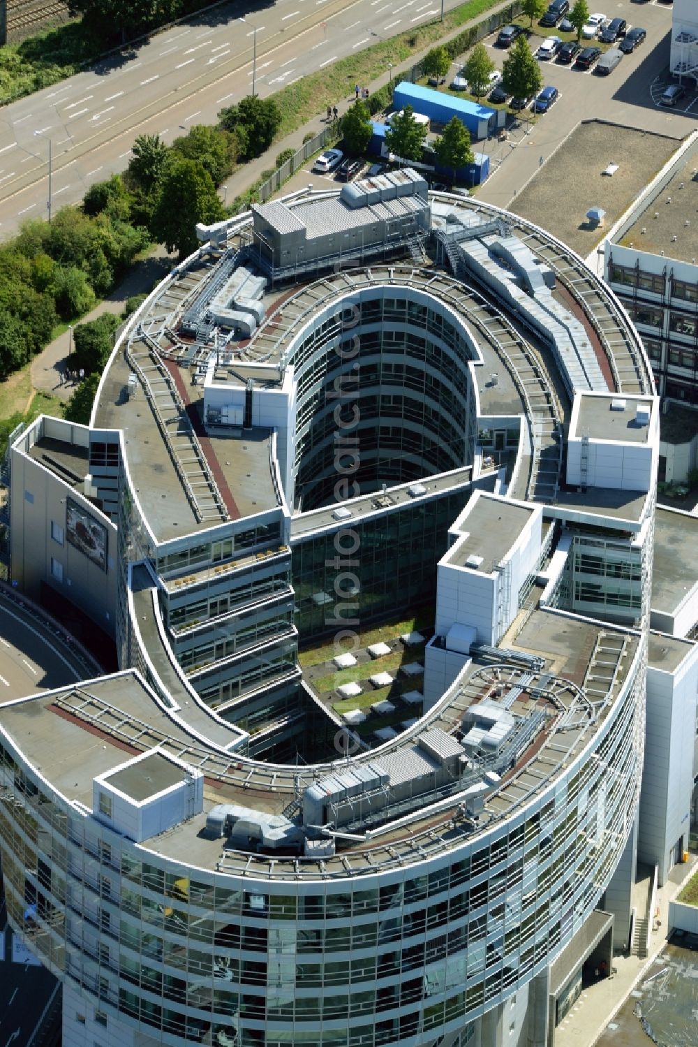 Stuttgart from above - Administrative building of the industrial area der Mercedes-Benz AG on Mercedesstrasse in Stuttgart in the state Baden-Wuerttemberg