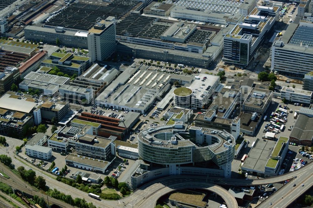 Stuttgart from above - Administrative building of the industrial area der Mercedes-Benz AG on Mercedesstrasse in Stuttgart in the state Baden-Wuerttemberg