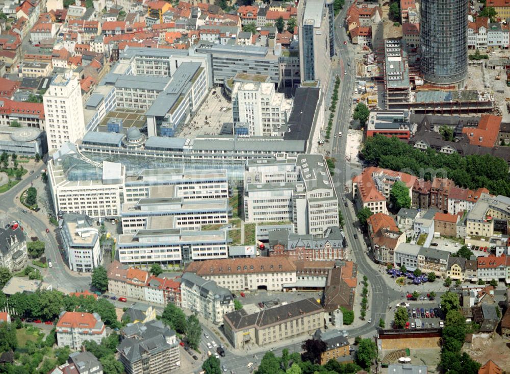 Aerial image JENA - Verwaltungsgebäude der Jenoptik AG, sie ist ein börsennotierter Technologiekonzern mit Sitz in Jena (Thüringen). Jenoptik ist Spezialist für photonische und mechatronische Technologien. Der internationale Konzern konzentriert sich auf die Kompetenzfelder Laser/Optik, Optoelektronik und Mechatronik.