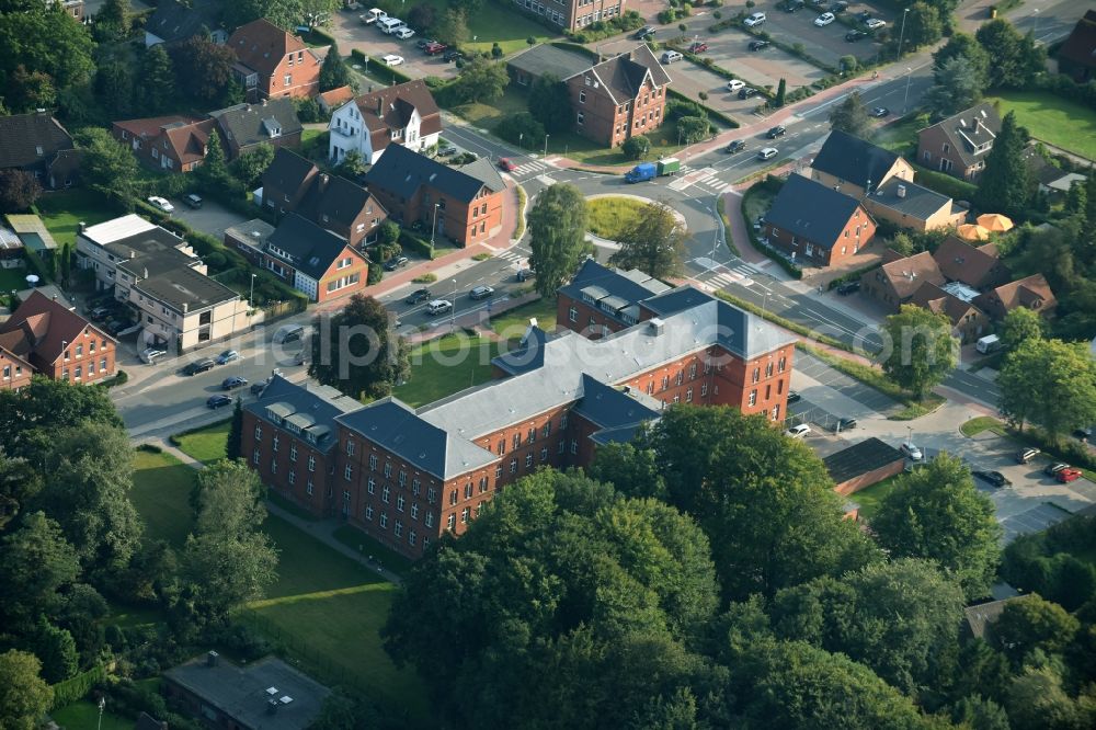 Aurich from above - Administrative building of the State Authority surveyor's office and office for Geoinformation (LGLN) in the Oldersumerstrasse in Aurich in the state Lower Saxony