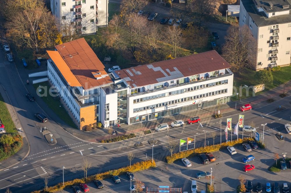 Kamp-Lintfort from the bird's eye view: Administrative building of the State Authority Bundesagentur fuer Arbeit on Wilhelmstrasse in Kamp-Lintfort in the state North Rhine-Westphalia, Germany