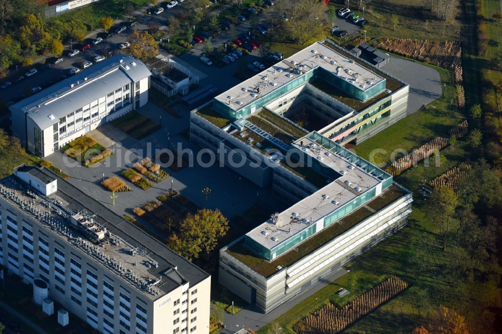 Berlin from above - Administrative building of the State Authority Bandesanstalt fuer Materialforschung and -pruefung an of Richard-Willstaetter-Strasse in the district Adlershof in Berlin, Germany