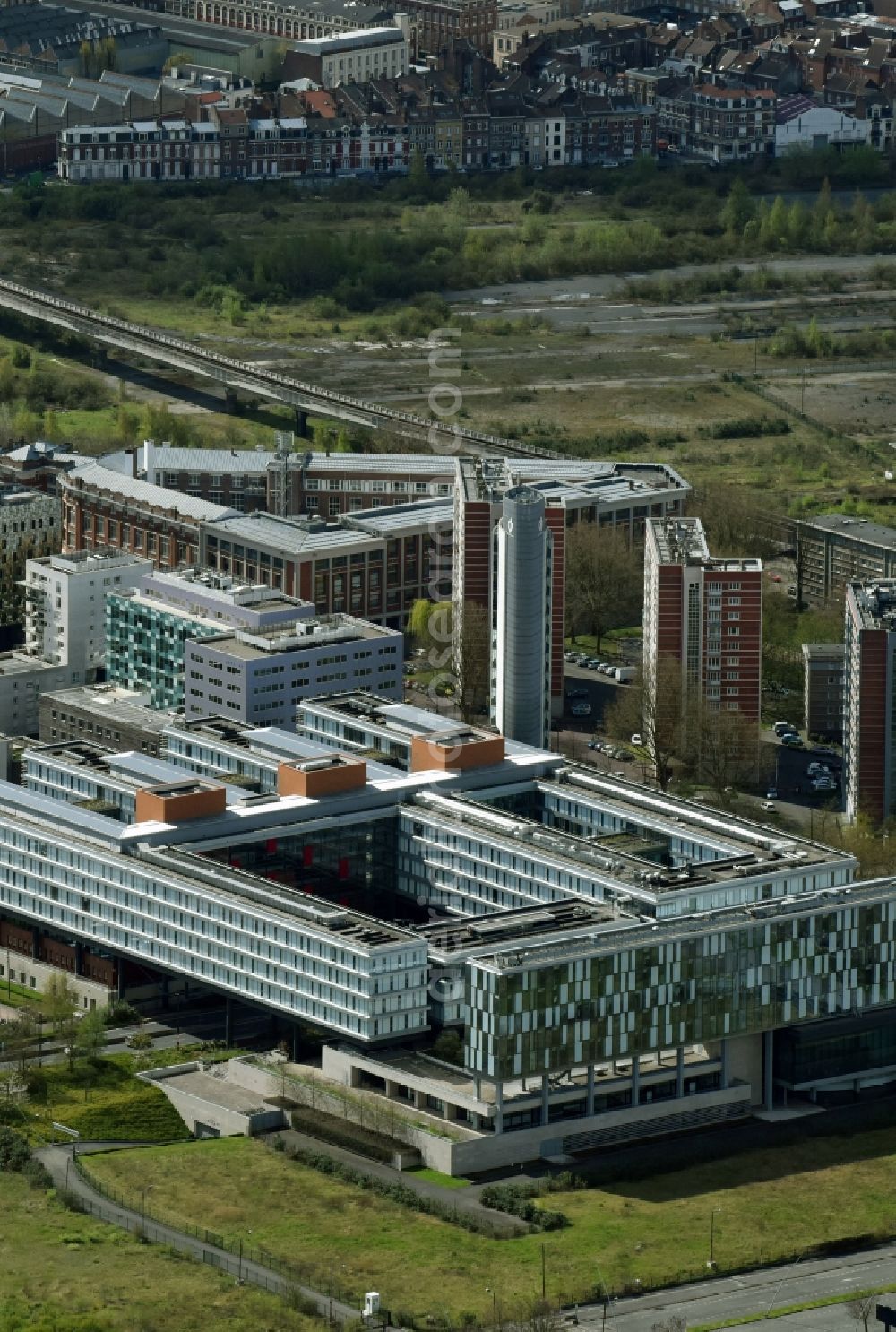 Lille from above - Administrative building of the State Authority Conseil Regional Nord Pas de Calais on Boulevard du President in Lille in Nord-Pas-de-Calais Picardy, France