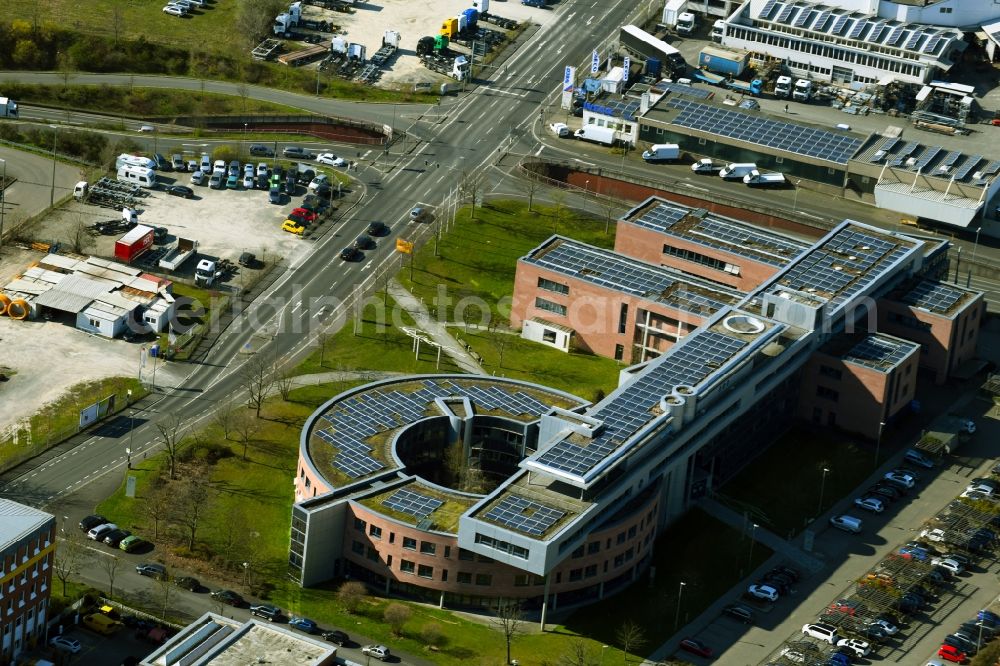 Aerial photograph Aschaffenburg - Administrative building of the State Authority Finanzamt Aschaffenburg and Landesamt fuer Digitalisierung, Breitband and Vermessung on Auhofstrasse in the district Damm in Aschaffenburg in the state Bavaria, Germany