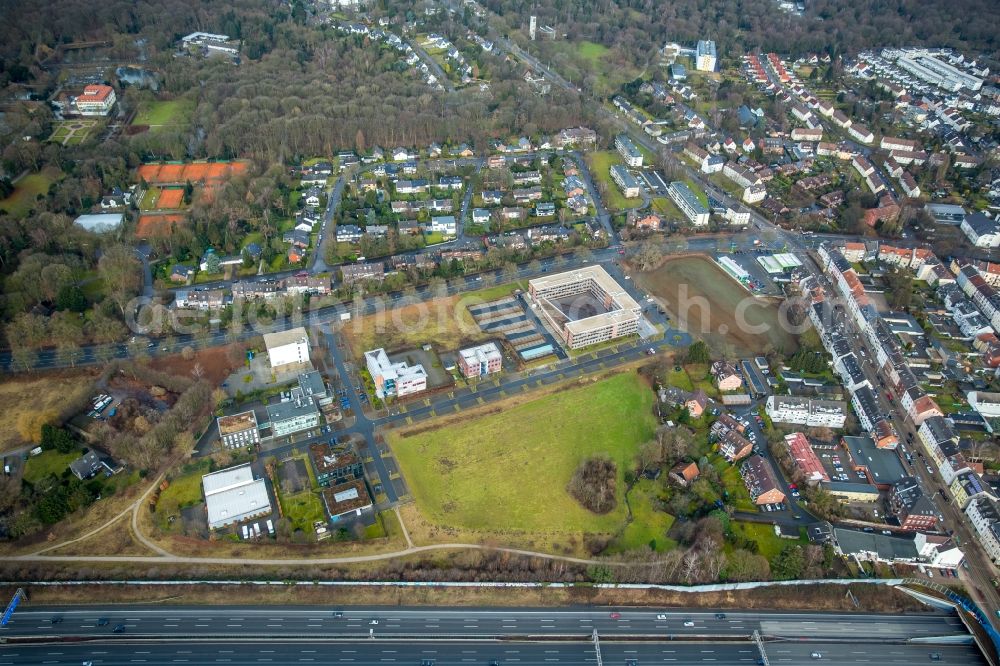 Gelsenkirchen from above - Administrative building of the State Authority Finanzamt Gelsenkirchen Ludwig-Erhard-Strasse in the district Gelsenkirchen-Ost in Gelsenkirchen in the state North Rhine-Westphalia