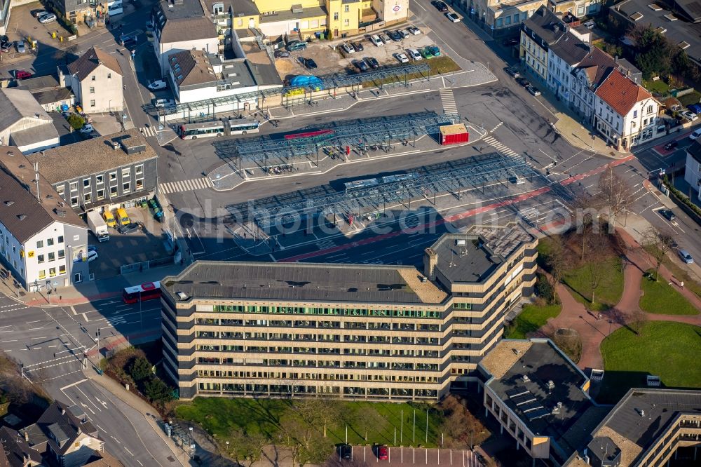 Aerial image Velbert - Administrative buildings of state authority the tax office over the ZOB bus in Velbert in North Rhine-Westphalia