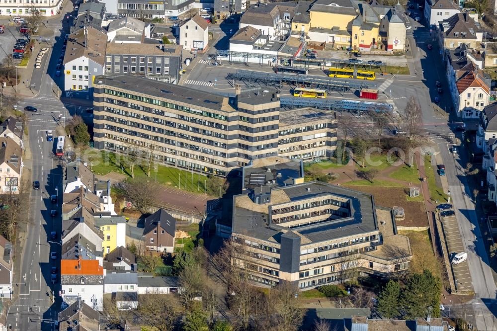 Velbert from above - Administrative buildings of state authority the tax office over the ZOB bus in Velbert in North Rhine-Westphalia