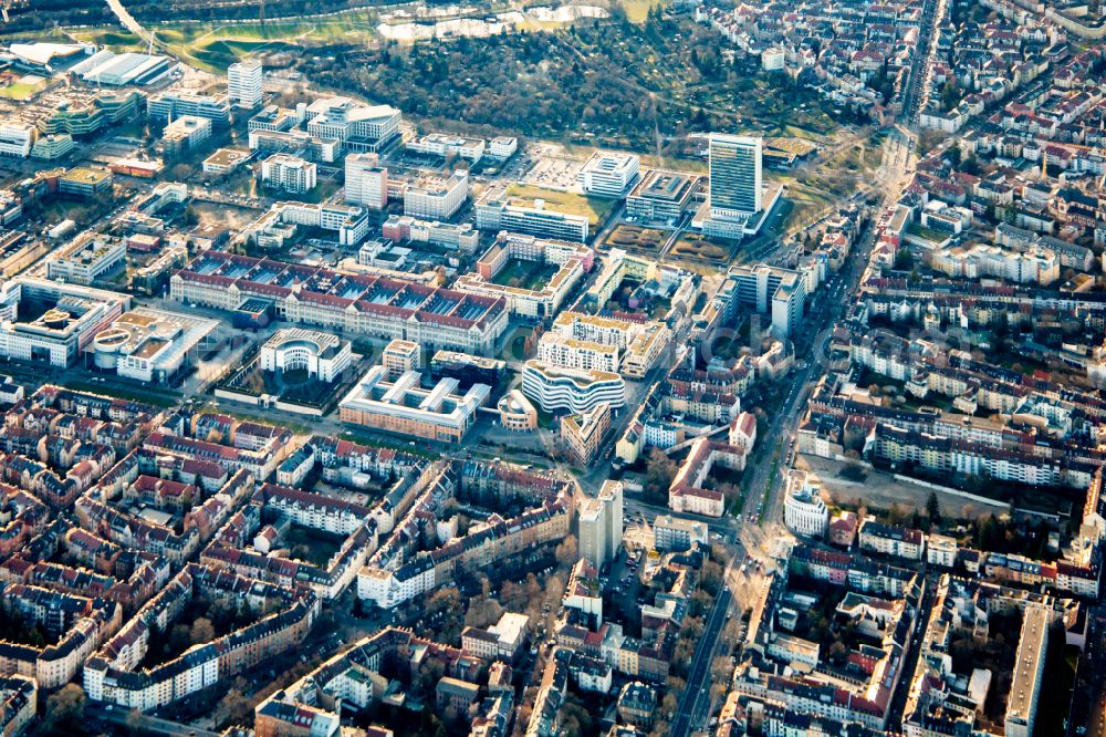 Karlsruhe from above - Administrative building of the State Authority Generalbundesanwalt beim Bundesgerichtshof in Karlsruhe in the state Baden-Wuerttemberg