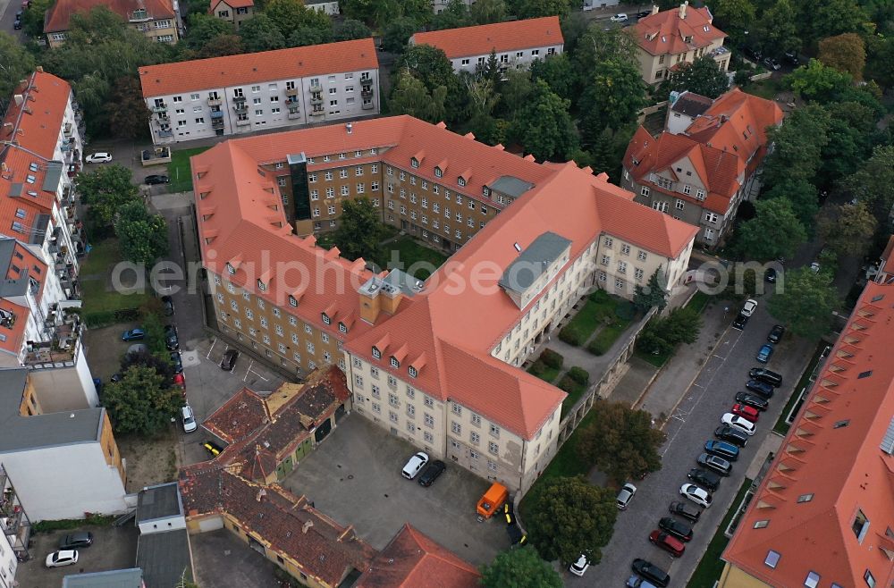 Halle (Saale) from above - Administrative building of the State Authority Landesverwaltungsamt on street Maxim-Gorki-Strasse in Halle (Saale) in the state Saxony-Anhalt, Germany