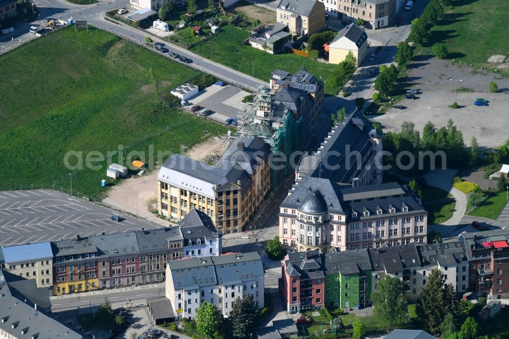 Aue from above - Administration building of the state authority of the Landratsamt Aue and the Jobcenter Aue at the Wettiner Strasse in Aue in the federal state Saxony, Germany