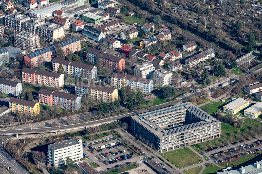 Freiburg im Breisgau from above - Administrative building of the State Authority Regierungspraesidium Freiburg Sandgauallee and Wohnbebauung in Freiburg im Breisgau in the state Baden-Wuerttemberg, Germany