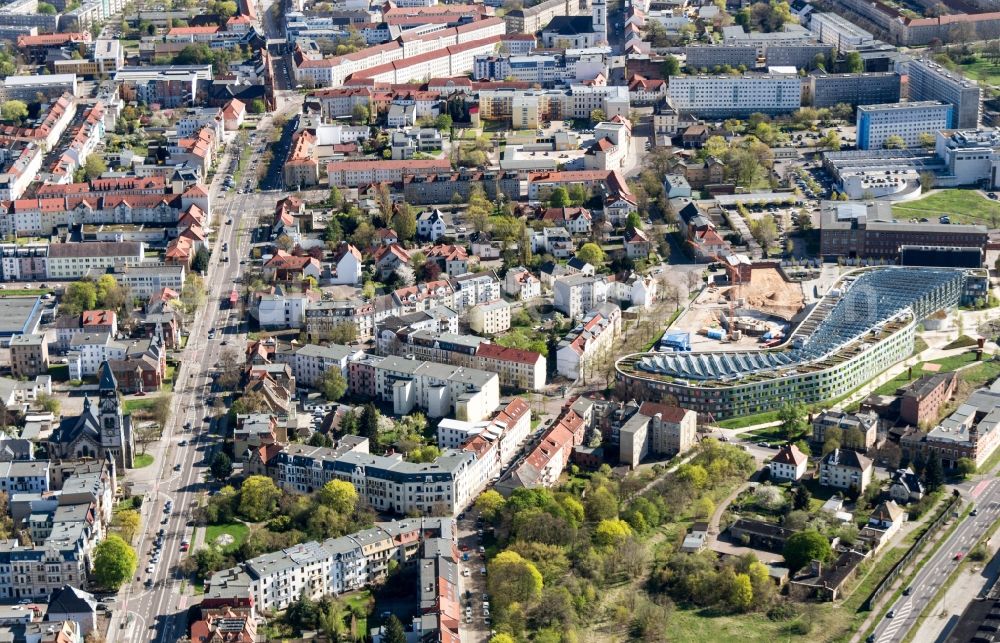 Dessau from above - Administrative building of the State Authority UBA Umweltbundesamt Woerlitzer Platz in Dessau in the state Saxony-Anhalt, Germany