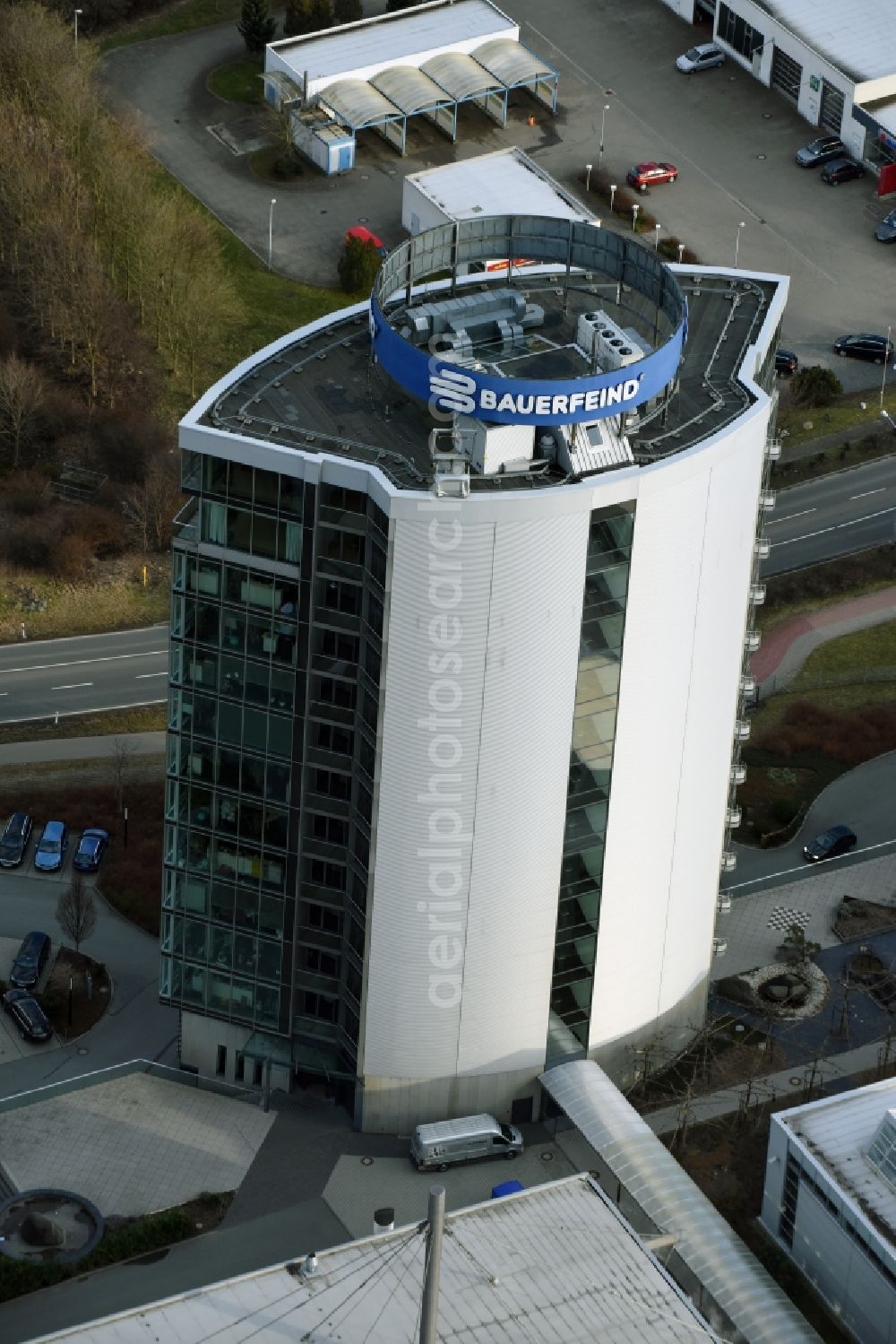 Zeulenroda-Triebes from the bird's eye view: Administration building of the company Bauerfeind AG an der Triebeser Strasse in Zeulenroda-Triebes in the state Thuringia