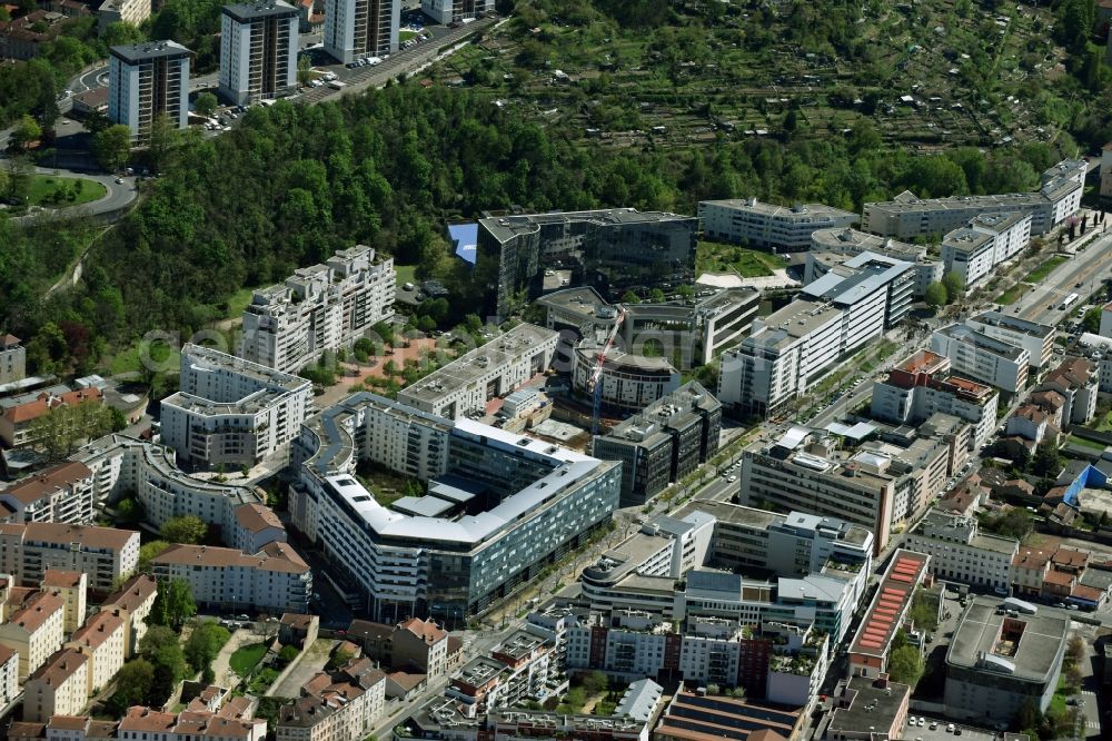 Rhône-Alpes from the bird's eye view: Administration building of the company of Bayer SAS on Rue Jean-Marie Leclair in Rhone-Alpes in Auvergne Rhone-Alpes, France