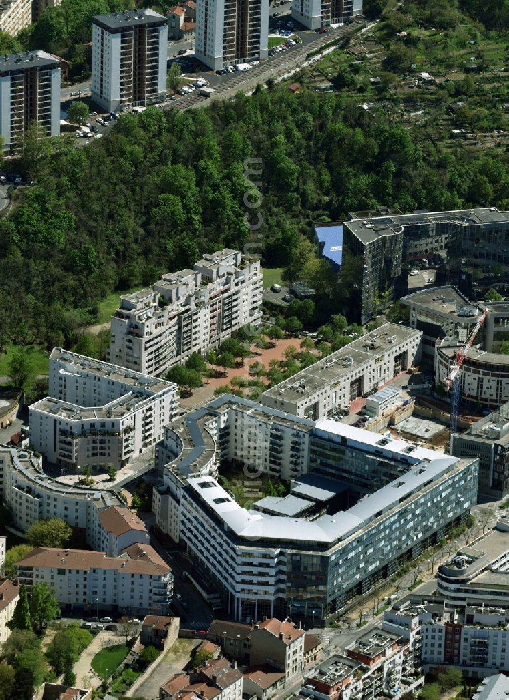 Aerial image Rhône-Alpes - Administration building of the company of Bayer SAS on Rue Jean-Marie Leclair in Rhone-Alpes in Auvergne Rhone-Alpes, France