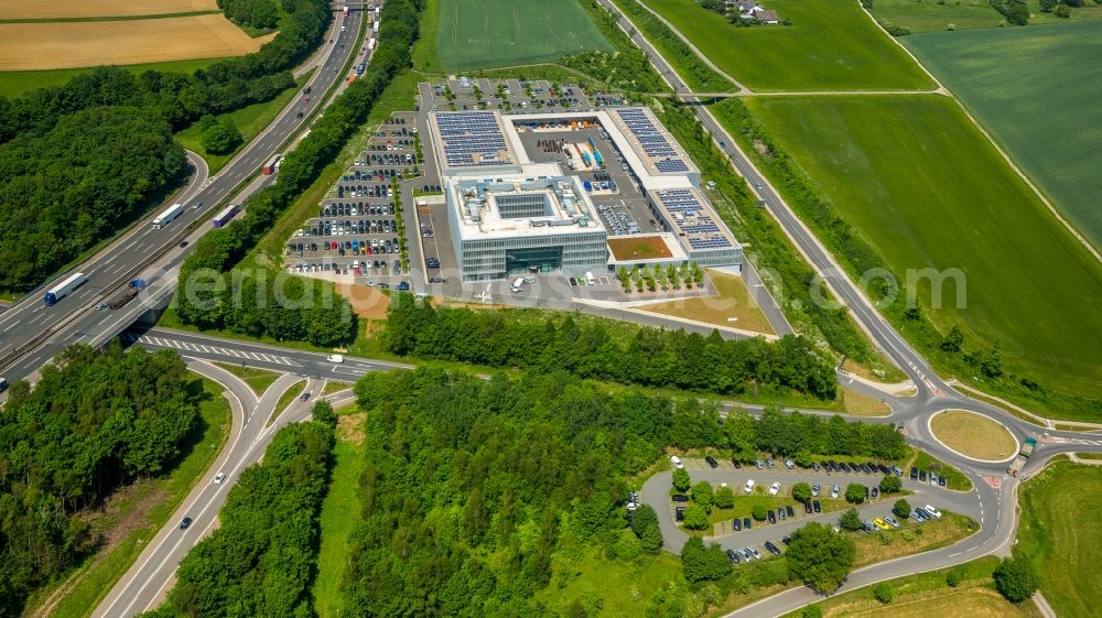 Aerial photograph Hagen - Administration building of the company ENERVIE - Suedwestfalen Energie und Wasser AG on Platz der Impulse in the district Herbeck in Hagen in the state North Rhine-Westphalia