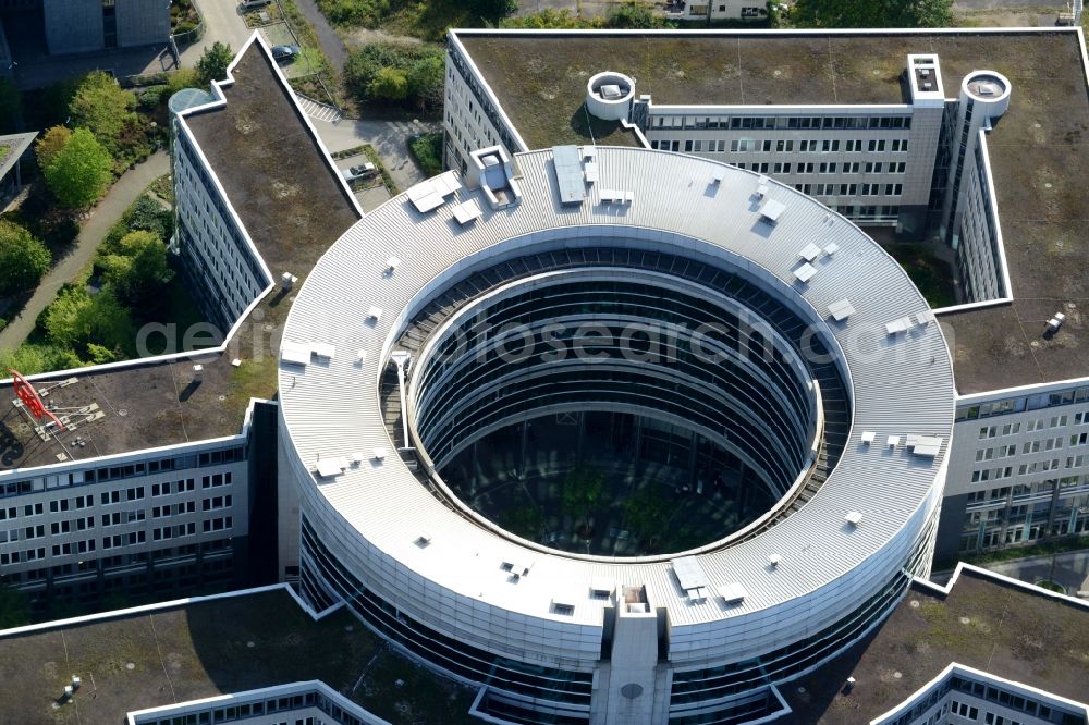 Offenbach am Main from above - Administration building of the company of HELABA Hessischen Landesbank and AREVA in Offenbach am Main in the state Hesse