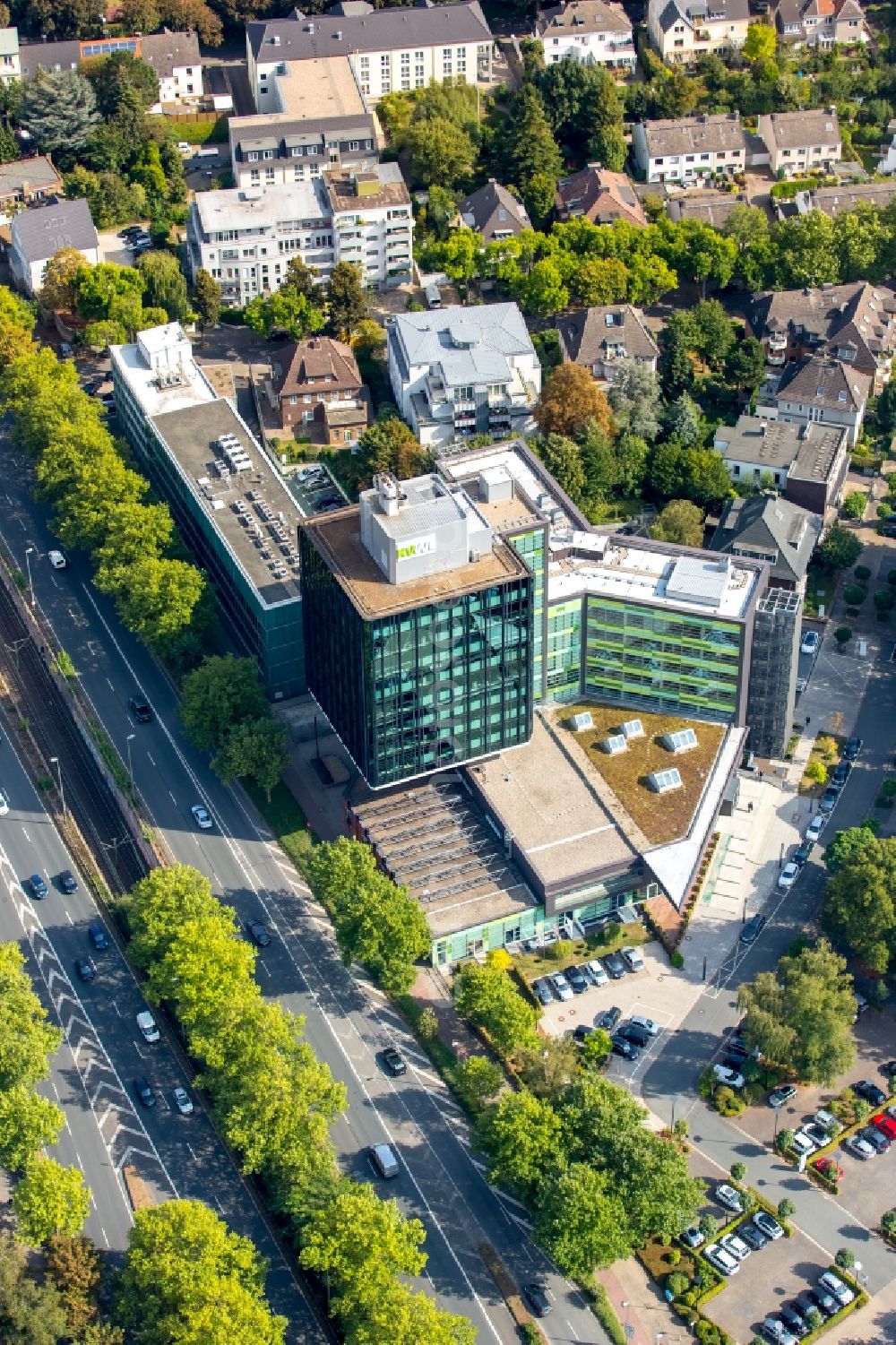 Dortmund from above - Administration building of the company Kassenaerztliche Vereinigung Westfalen-Lippe in Dortmund in the state North Rhine-Westphalia