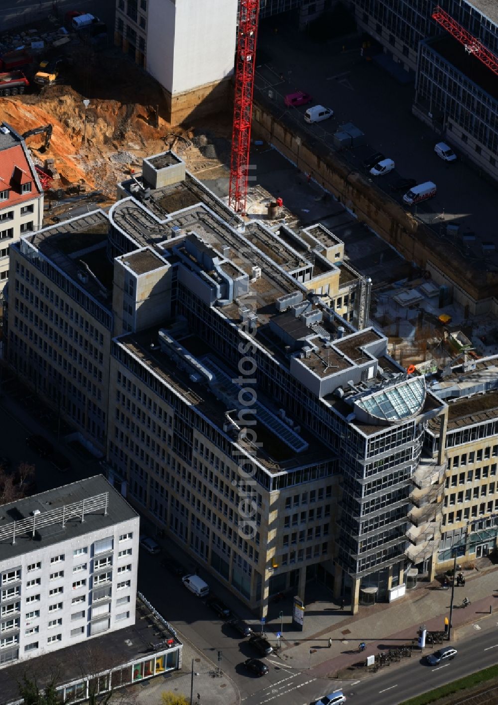 Leipzig from above - Administration building of the company Leipziger Verkehrsbetriebe (LVB) GmbH on Georgiring in the district Mitte in Leipzig in the state Saxony