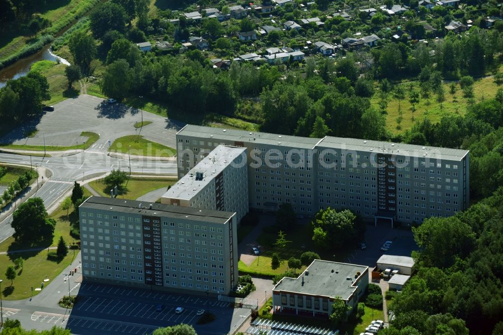 Senftenberg from above - Administration building of the company LMBV - Lausitzer and Mitteldeutsche Bergbau-Verwaltungsgesellschaft mbH on Knappenstrasse in Senftenberg in the state Brandenburg, Germany