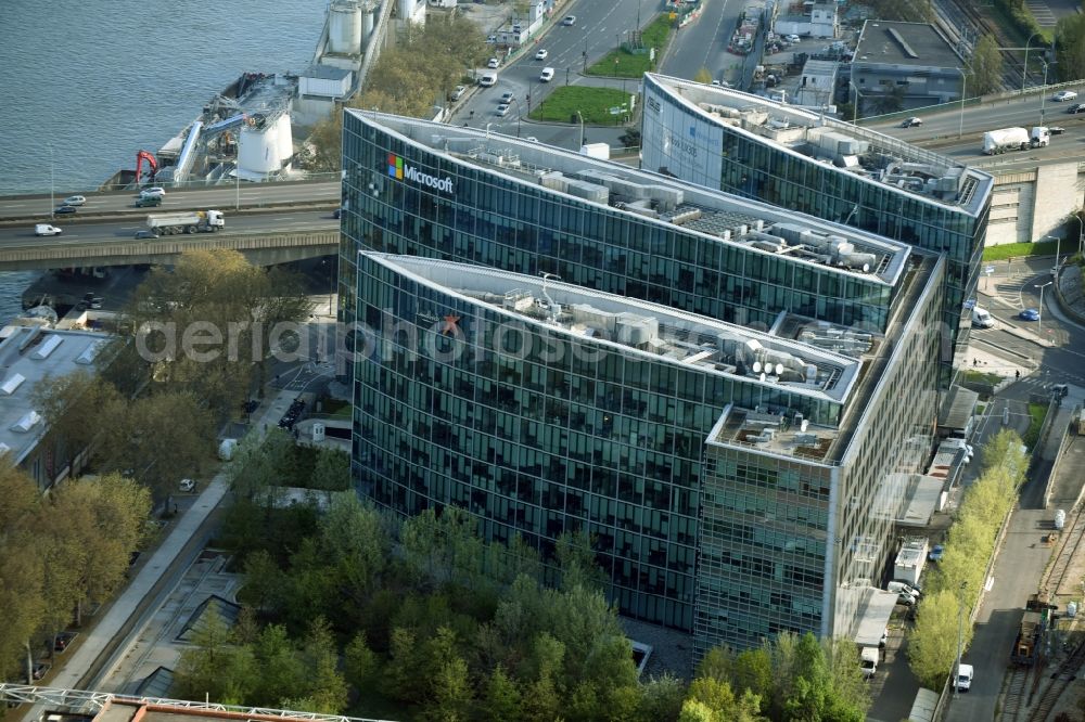 Paris Issy-les-Moulineaux from above - Administration building of the company Microsoft France on Quai du President Roosevelt in Paris in Ile-de-France, France