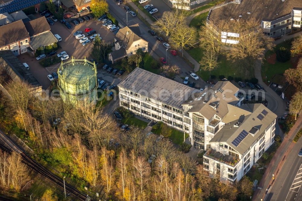 Dinslaken from above - Administration building of the company Stadtwerke Dinslaken GmbH at old gasholder at the Gerhard-Malina Street in Dinslaken in the state North Rhine-Westphalia