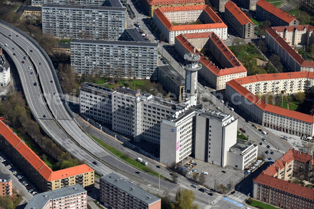 Kopenhagen from above - Administration building of the company TDC Telco on Borups Alle in Copenhagen in Denmark