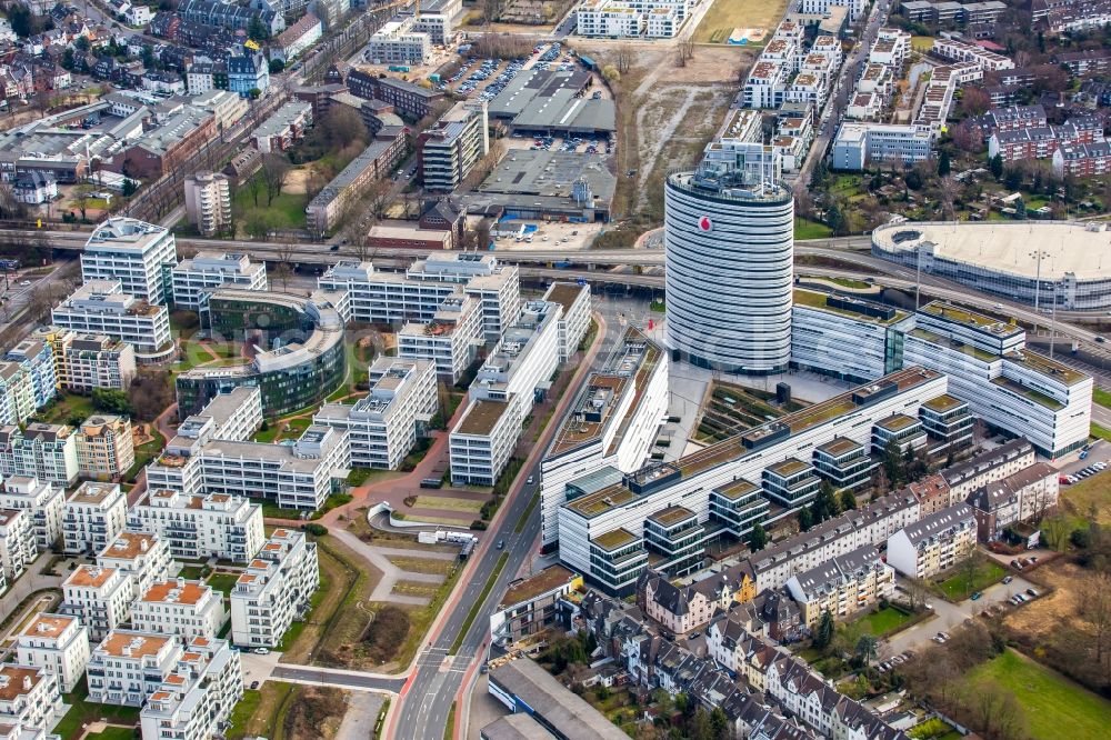 Düsseldorf from above - Administration building of the company Vodafone Conpus on Ferdinand-Braun-Platz in the district Stadtbezirk 4 in Duesseldorf in the state North Rhine-Westphalia