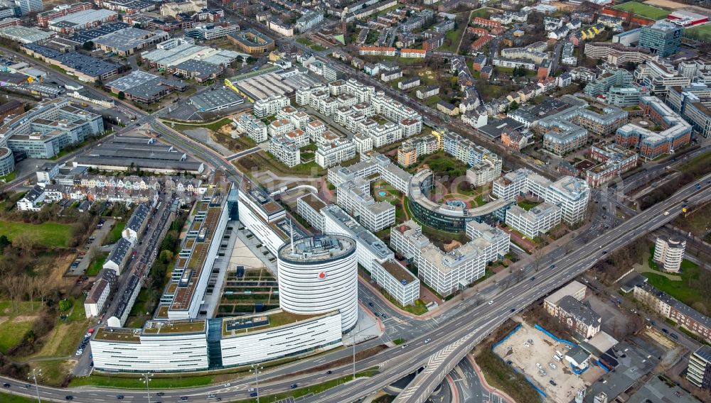 Düsseldorf from above - Administration building of the company Vodafone Conpus on Ferdinand-Braun-Platz in the district Stadtbezirk 4 in Duesseldorf in the state North Rhine-Westphalia