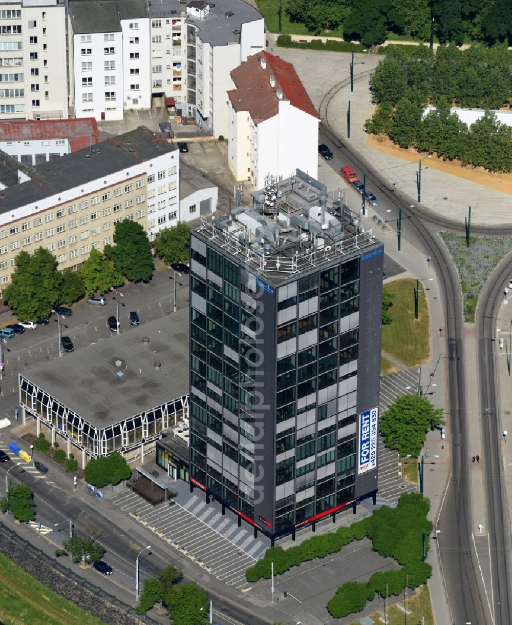 Pilsen from above - Office and administration buildings of the insurance company Generali in Pilsen in Plzensky kraj - Pilsner Region - Boehmen, Czech Republic