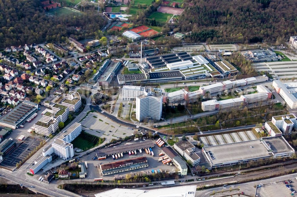 Zuffenhausen from above - Office and administration buildings of the insurance company Nokia Stuttgart and BBK BVU in Zuffenhausen in the state Baden-Wurttemberg, Germany