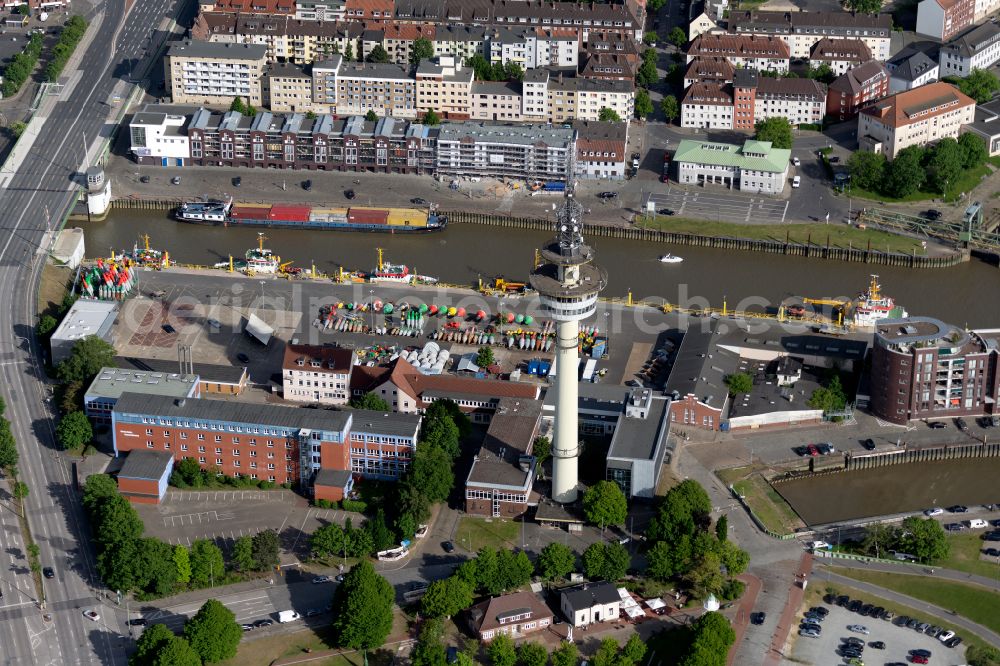 Bremerhaven from above - Administrative building of the State Authority Wasserstrassen- and Schifffahrtsamt Weser-Jade-Nordsee and directional radio tower on street Columbusstrasse in the district Mitte-Sued in Bremerhaven in the state Bremen, Germany