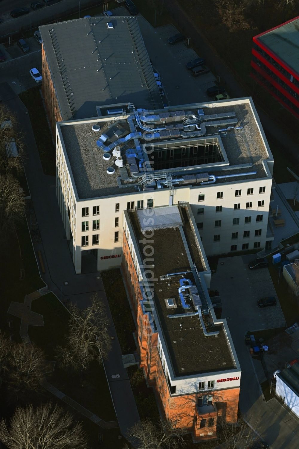 Berlin from above - Office and administration building of the housing association and rental apartment provider GESOBAU on Stiftweg in the district Pankow in Berlin, Germany