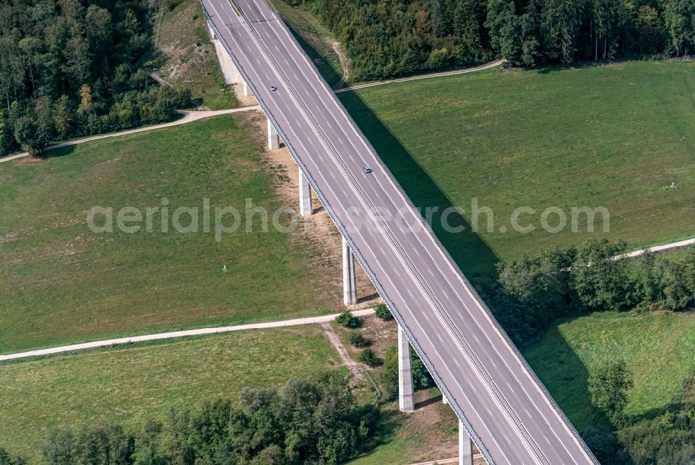 Rheinfelden (Baden) from the bird's eye view: Routing and lanes in the course of the motorway bridge structure of the BAB A 96 - Dultenaugrabenbruecke in Rheinfelden (Baden) in the state Baden-Wuerttemberg, Germany