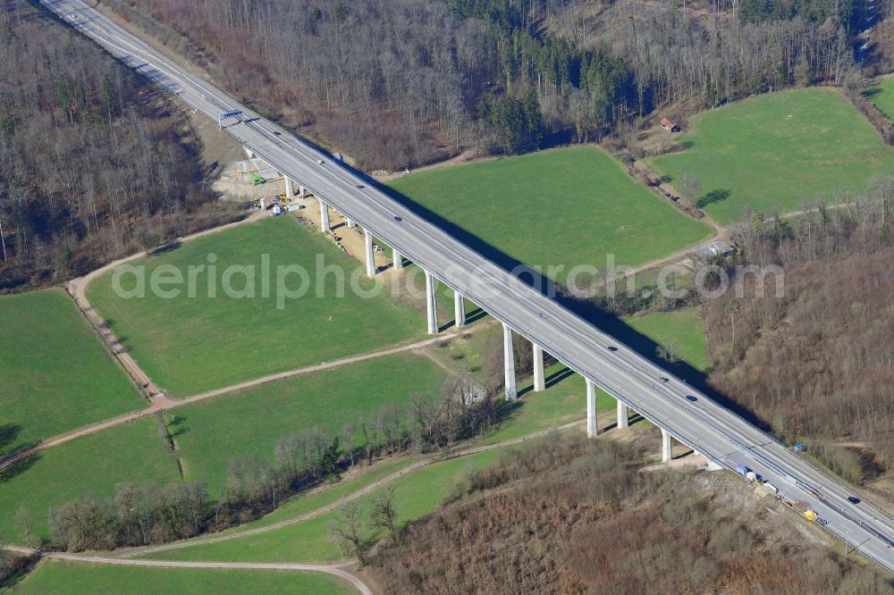 Aerial image Rheinfelden (Baden) - Routing and lanes in the course of the motorway bridge structure of the BAB A 98 - Dultenaugrabenbruecke in Rheinfelden (Baden) in the state Baden-Wuerttemberg, Germany