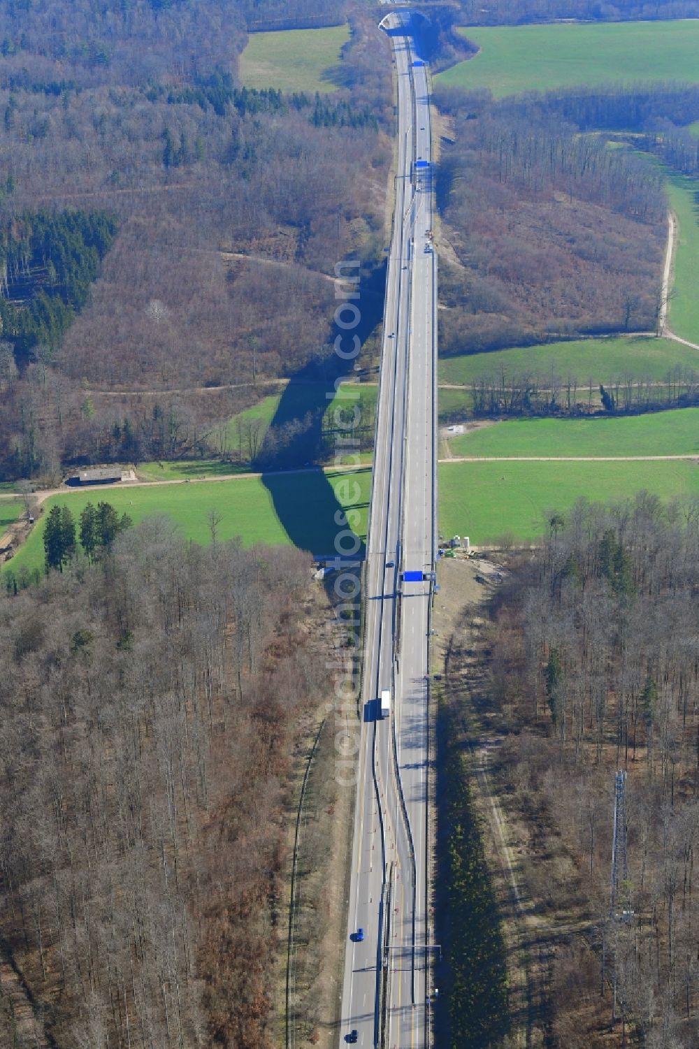 Aerial photograph Rheinfelden (Baden) - Routing and lanes in the course of the motorway bridge structure of the BAB A 98 - Dultenaugrabenbruecke in Rheinfelden (Baden) in the state Baden-Wuerttemberg, Germany