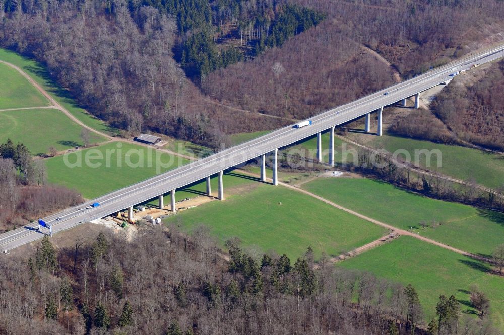 Rheinfelden (Baden) from above - Routing and lanes in the course of the motorway bridge structure of the BAB A 98 - Dultenaugrabenbruecke in Rheinfelden (Baden) in the state Baden-Wuerttemberg, Germany