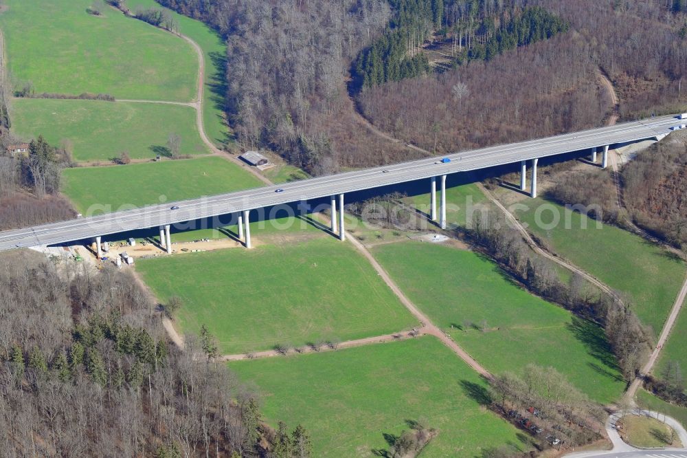 Rheinfelden (Baden) from the bird's eye view: Routing and lanes in the course of the motorway bridge structure of the BAB A 98 - Dultenaugrabenbruecke in Rheinfelden (Baden) in the state Baden-Wuerttemberg, Germany