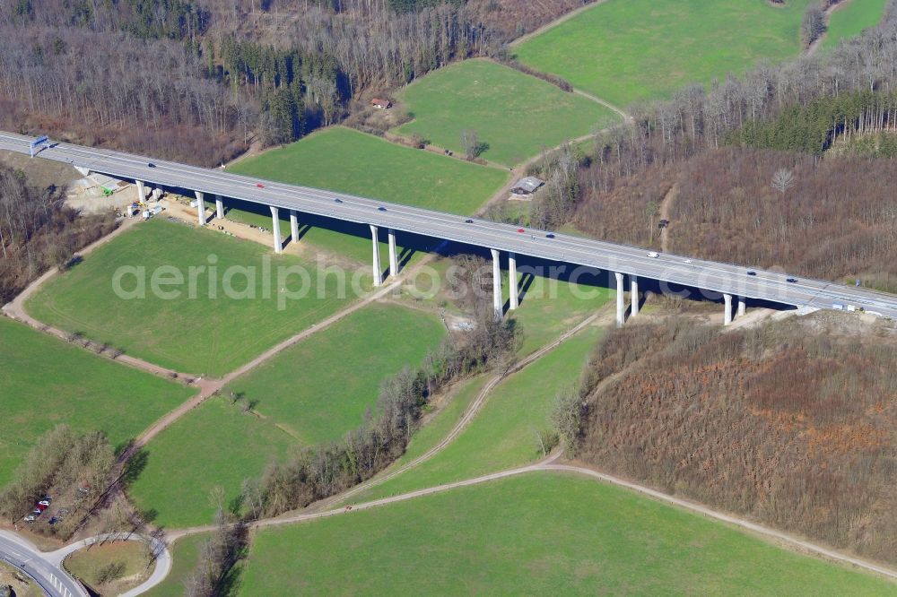 Aerial photograph Rheinfelden (Baden) - Routing and lanes in the course of the motorway bridge structure of the BAB A 98 - Dultenaugrabenbruecke in Rheinfelden (Baden) in the state Baden-Wuerttemberg, Germany