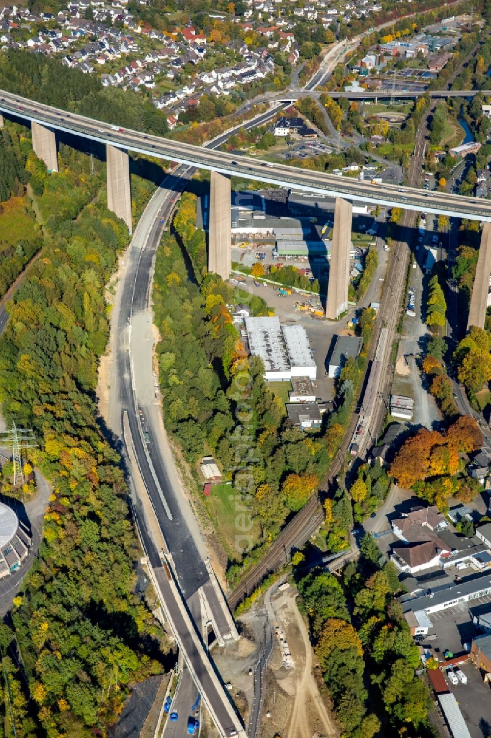 Aerial image Siegen - Routing and lanes in the course of the motorway bridge structure of the BAB A 45 Siegtalbruecke of Sauerlandlinie in Siegen at Siegerland in the state North Rhine-Westphalia, Germany