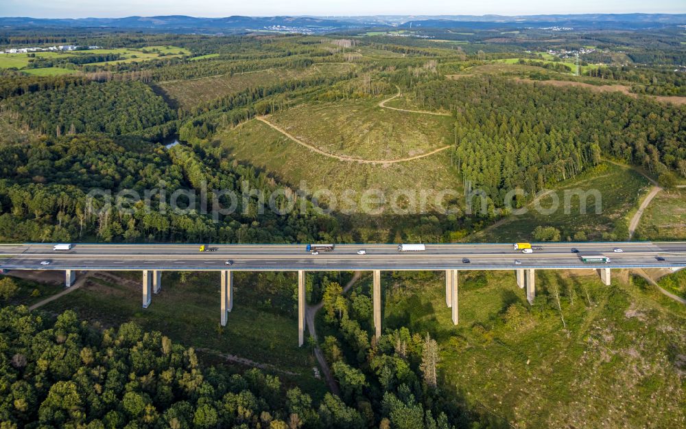 Freudenberg from above - Routing and lanes in the course of the motorway bridge structure of the BAB A 45 Talbruecke Bueschergrund in Freudenberg in the state North Rhine-Westphalia, Germany