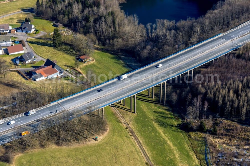 Lüdespert from the bird's eye view: Routing and lanes in the course of the motorway bridge structure of the BAB A 45 a?? Talbruecke Luedespert a?? in Luedespert in the state North Rhine-Westphalia, Germany