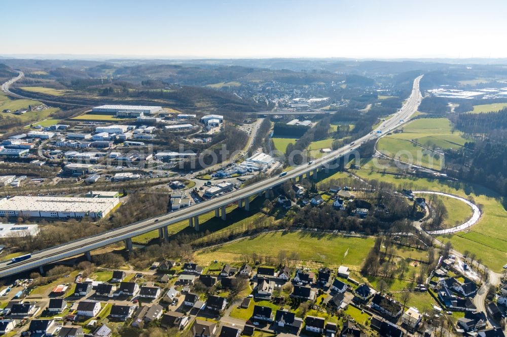 Saßmicke from the bird's eye view: Routing and lanes in the course of the motorway bridge structure of the BAB A 45 - Talbruecke Sassmicke of Sauerlandlinie in Sassmicke in the state North Rhine-Westphalia, Germany