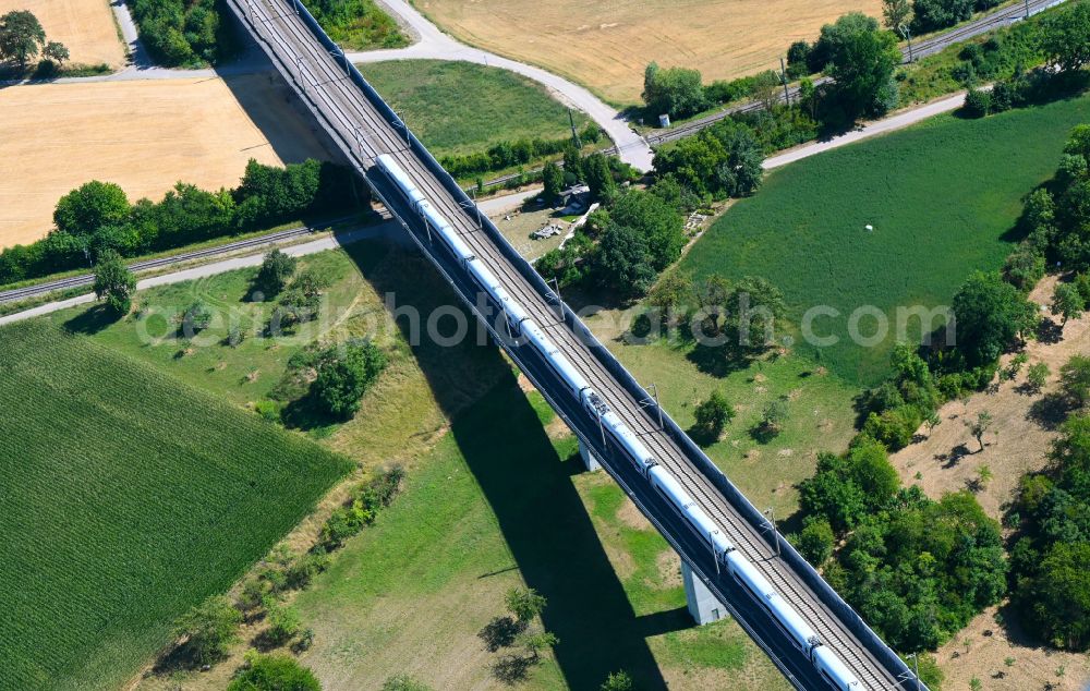 Bretten from above - Viaduct of the railway bridge structure to route the railway tracks on street An der Talbruecke in Bretten in the state Baden-Wuerttemberg, Germany