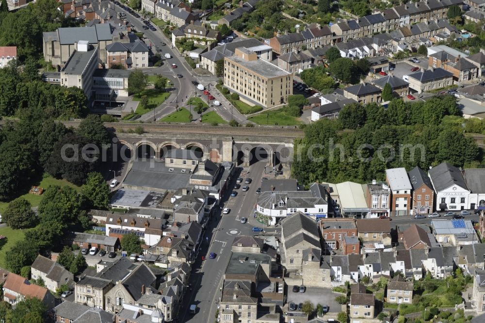 Chippenham from the bird's eye view: Viaduct of the railway bridge structure to route the railway tracks in Chippenham in England, United Kingdom