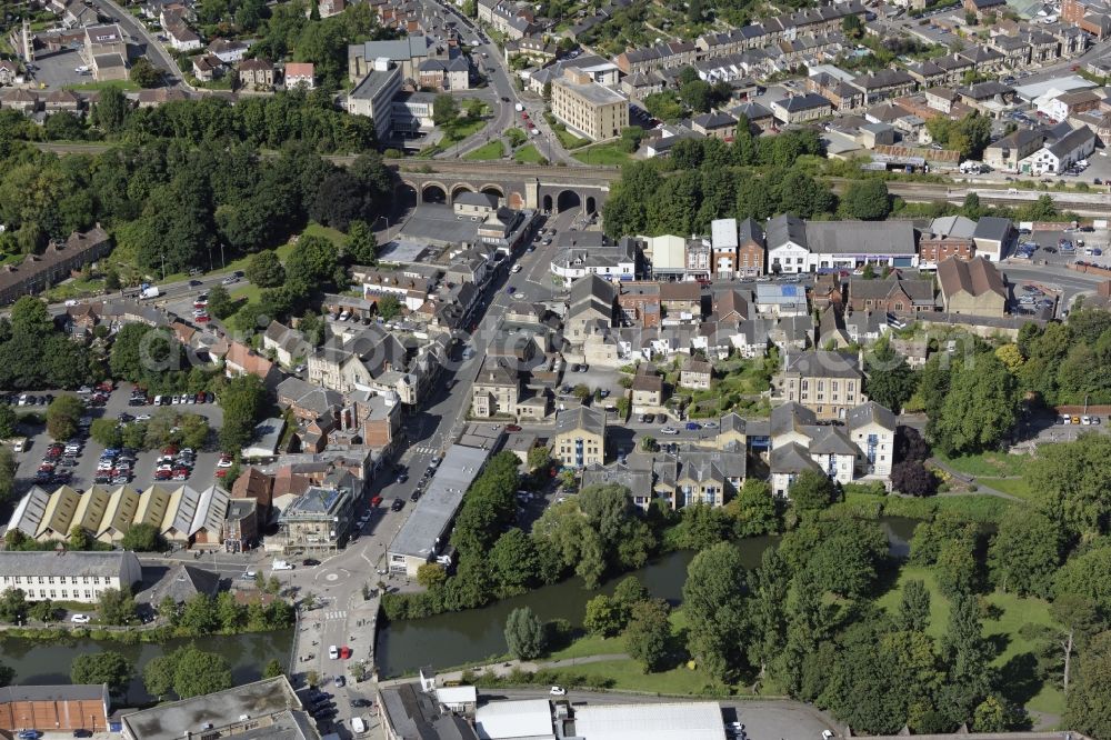 Aerial image Chippenham - Viaduct of the railway bridge structure to route the railway tracks in Chippenham in England, United Kingdom