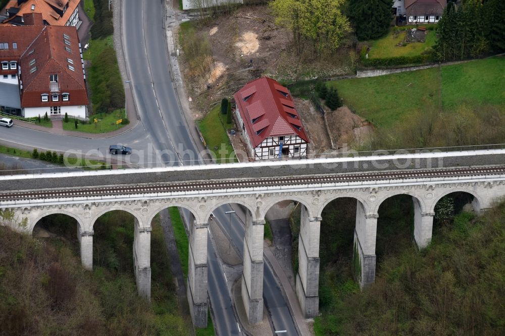 Greene from the bird's eye view: Viaduct of the railway bridge structure to route the railway tracks in Greene in the state Lower Saxony