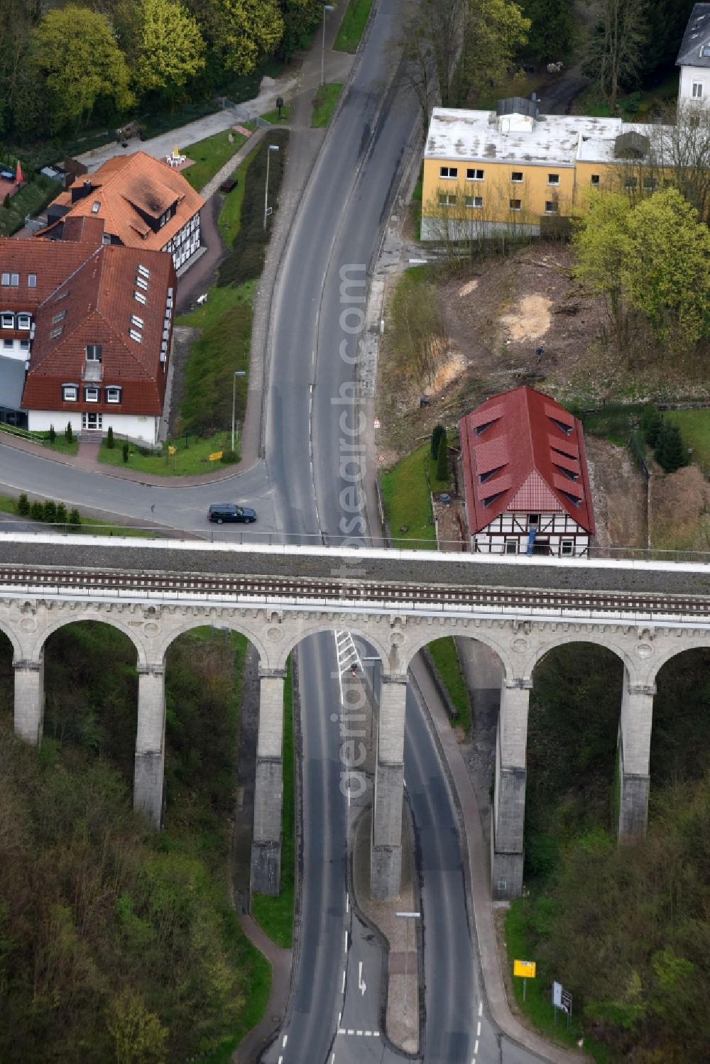 Aerial image Greene - Viaduct of the railway bridge structure to route the railway tracks in Greene in the state Lower Saxony