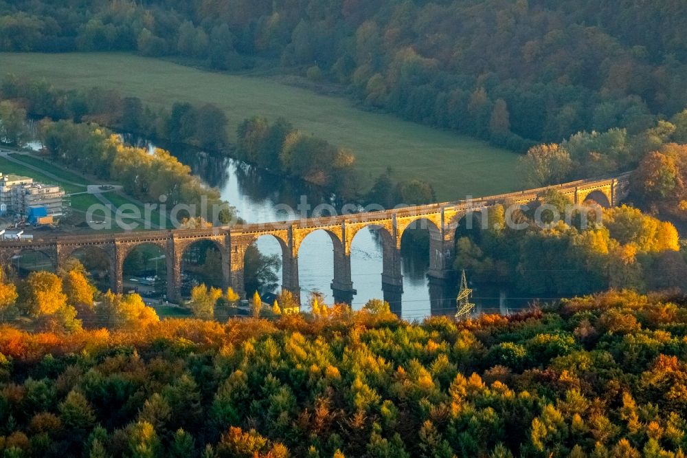 Hagen from above - Viaduct of the railway bridge structure to route the railway tracks in Herdecke in the state North Rhine-Westphalia