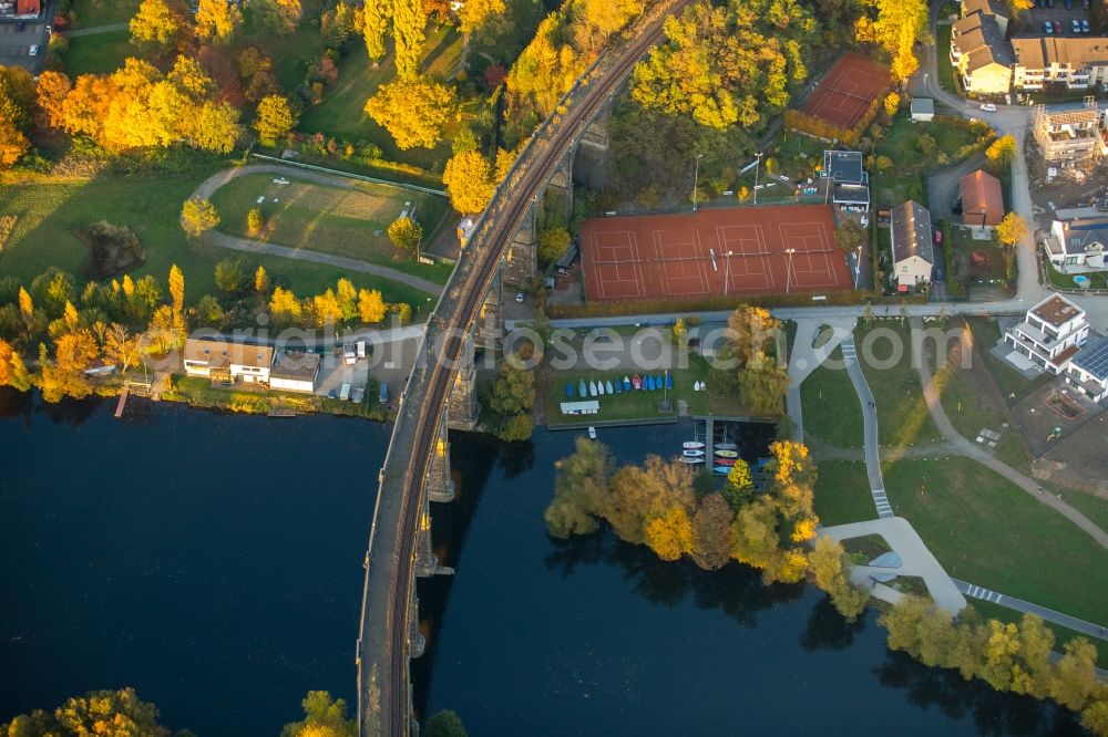 Hagen from above - Viaduct of the railway bridge structure to route the railway tracks in Herdecke in the state North Rhine-Westphalia